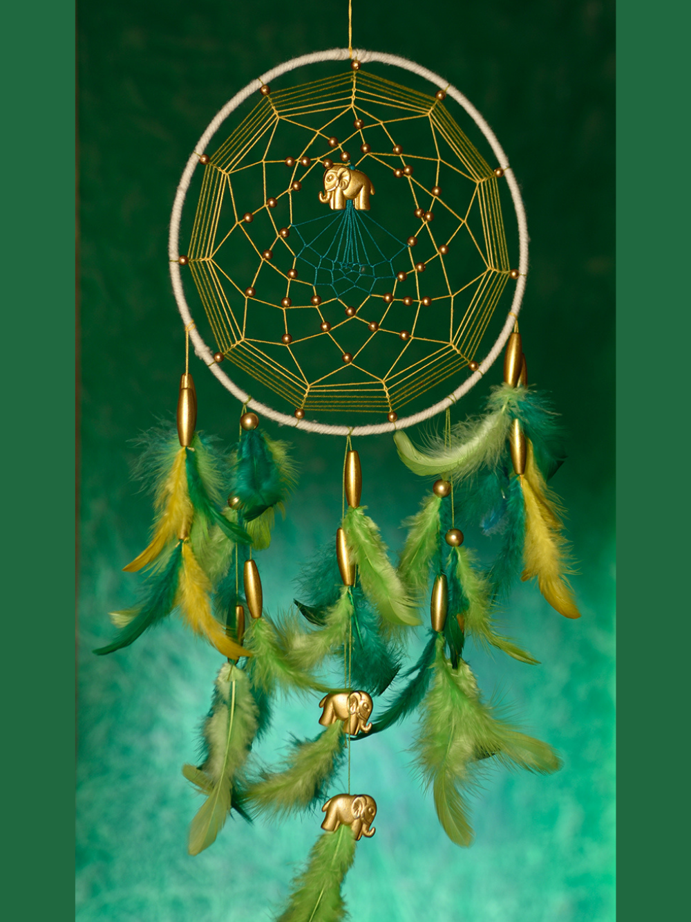 Green & Yellow with Gold Elephants Dream Catcher with Pretty Lights